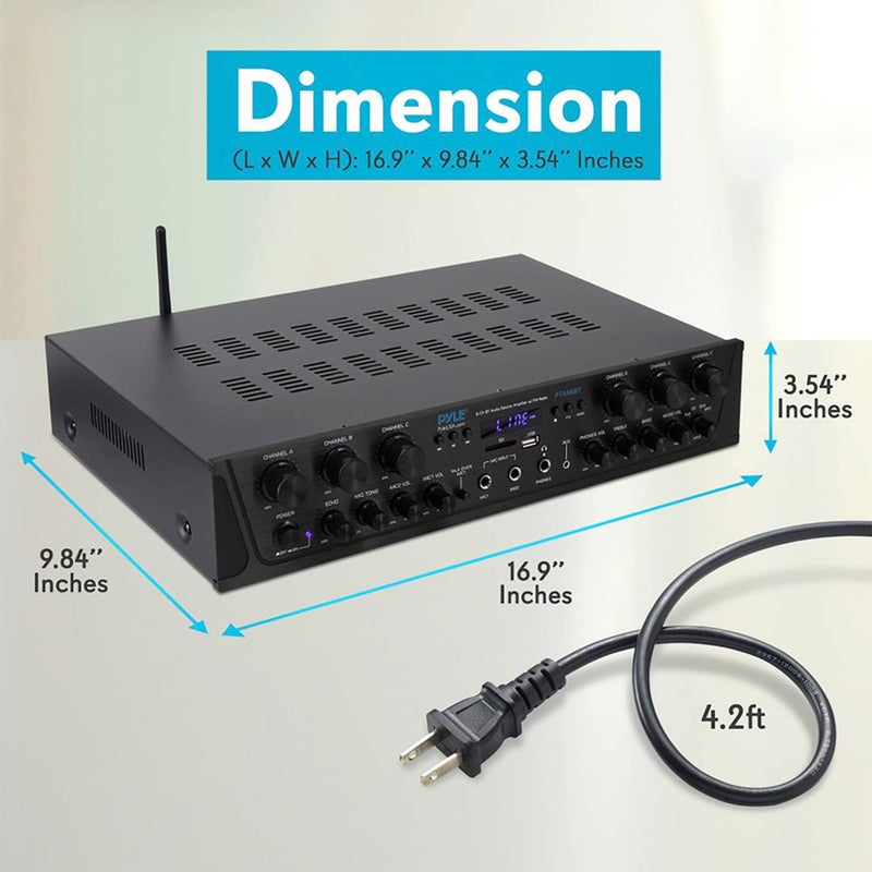 Pyle Wireless Home Audio Amplifier System Bluetooth Compatible Sound Stereo Receiver Amp - 6Channel 600Watt Power, Digital LCD, Headphone Jack, 1/4'' Microphone in USB SD AUX RCA FM Radio- PTA66BT.5 - Image 3