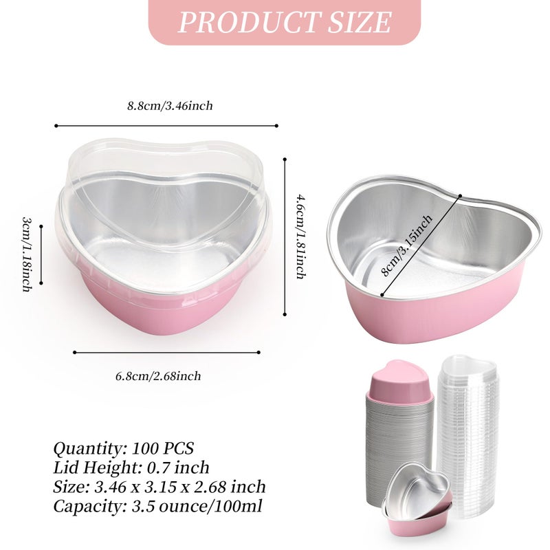 YEUIKERR 100 Pack Disposable Heart Shaped Cake Pans with Lids,3.4oz/100ml Aluminum Foil Mini Heart Cake Tin Set, Small Baking Cakes Mold for Individual Cakes - Image 2