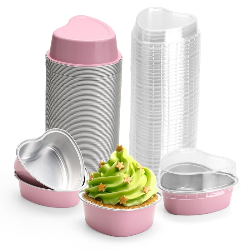 YEUIKERR 100 Pack Disposable Heart Shaped Cake Pans with Lids,3.4oz/100ml Aluminum Foil Mini Heart Cake Tin Set, Small Baking Cakes Mold for Individual Cakes - Image 1