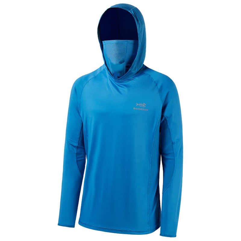BASSDASH UPF 50 Mens Long Sleeve Fishing Shirt with Mask UV Neck Gaiter Hoodie Malibu Blue 4XLarge