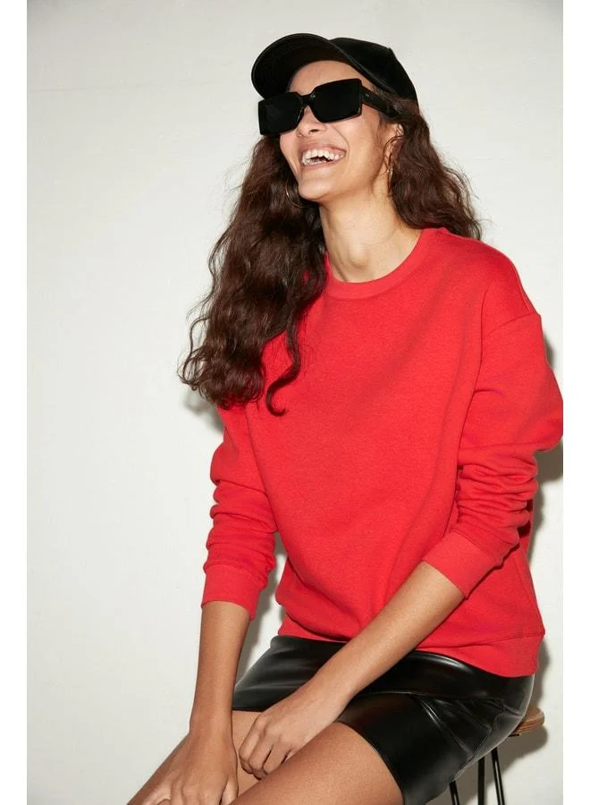GRIMELANGE Susana Women's Crew Neck Lined Polo Oversized Fit Basic Red Sweatshirt.
