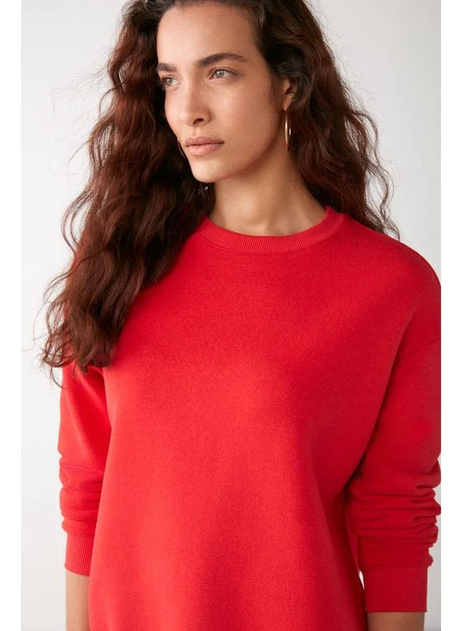GRIMELANGE Susana Women's Crew Neck Lined Polo Oversized Fit Basic Red Sweatshirt.