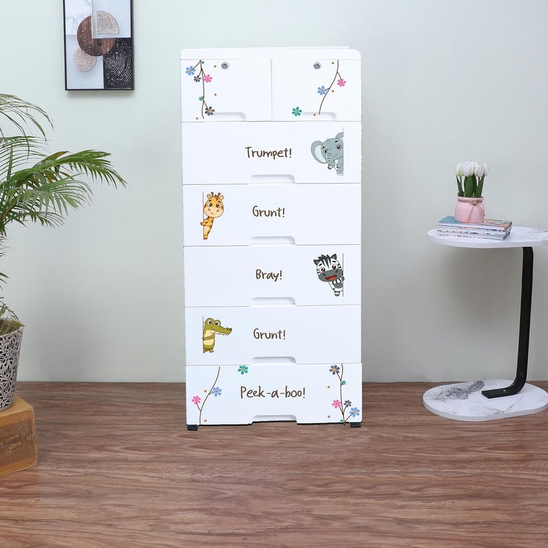 The Tickle Toe The Tickle Toe Plastic Chest of Drawer for Kids with 7 DrawersMultiPurpose Storage Organizer for KidsDresser Storage for Small Clothing Toys51Lx33Wx121H Cm WhiteAnimal Glossy 