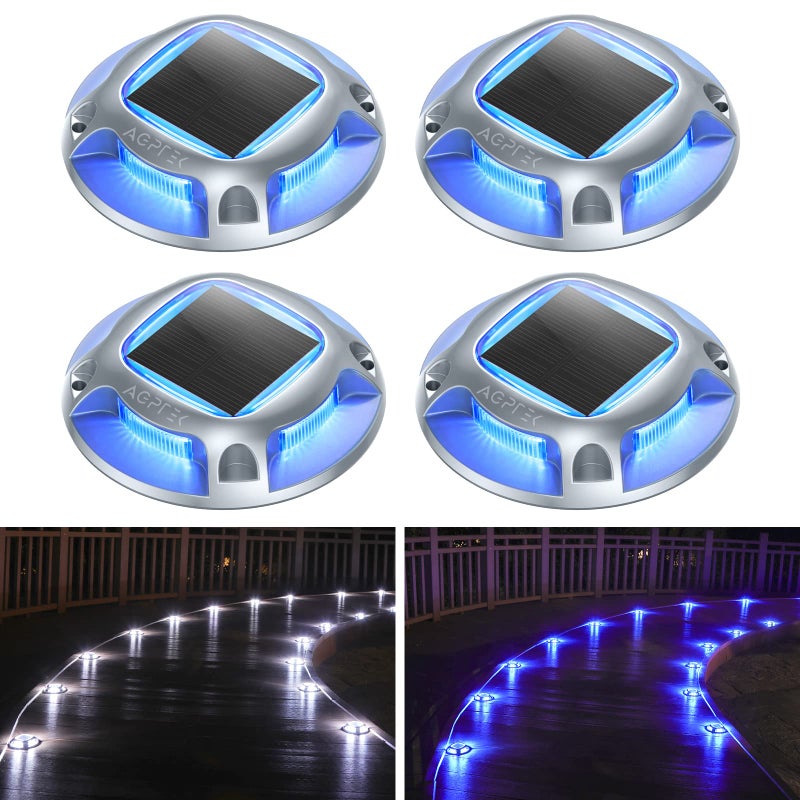 AGPtek أضواء ممرات AGPTEK الشمسية الخارجية 4 عبوات، 2 أوضاع ألوان LED للرصيف، مائية، أضواء أمان لتحديد الخطوات، الرصيف، السلم، الحديقة، الممر، الفناء (ضوء أزرق/أبيض بارد) - Image 1