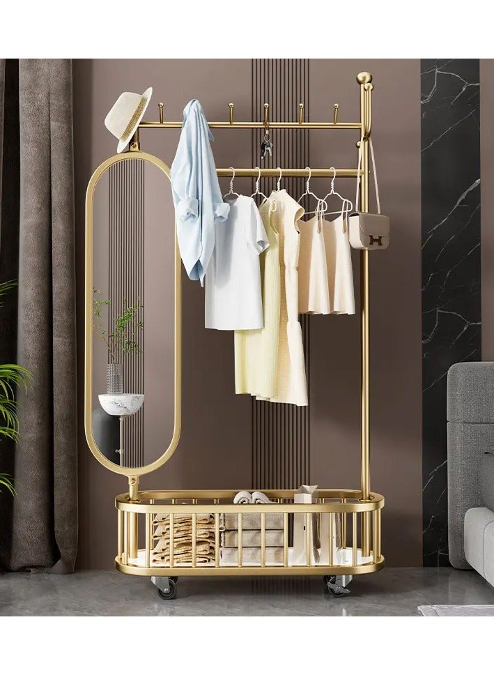 DubaiGallery 3 In 1 Luxury Floor Standing Rotatable Clothes Hanger with Full Length Dressing Mirror, Storage Hooks and Basket, Universal Wheels, Gold Finish 80cm - Image 2