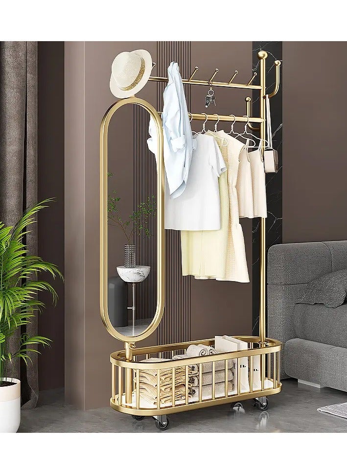 DubaiGallery 3 In 1 Luxury Floor Standing Rotatable Clothes Hanger with Full Length Dressing Mirror, Storage Hooks and Basket, Universal Wheels, Gold Finish 80cm - Image 3