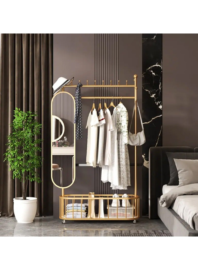 DubaiGallery 3 In 1 Luxury Floor Standing Rotatable Clothes Hanger with Full Length Dressing Mirror, Storage Hooks and Basket, Universal Wheels, Gold Finish 80cm - Image 4