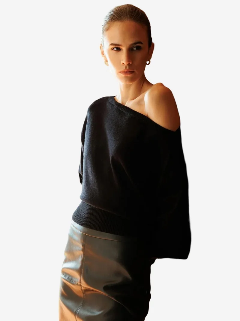 Mixray Black Mixray Ribbed Boat Neck Sweater for Women | Best Price UAE