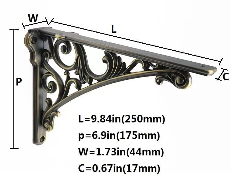 CABDM Decorative Shelf Bracket 10 inch, Brushed Antique Brass Brackets for Shelving, Heavy Duty Vintage, DIY Projects, Hardware Included, 4 Pack, 9.84x7x1.73 inch，Baroque Style - Image 3