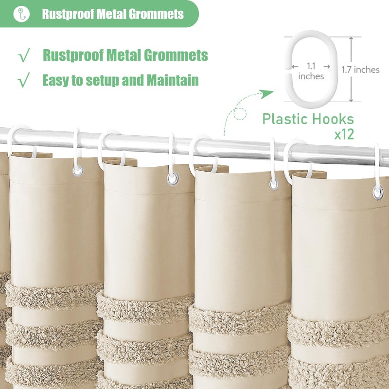 Dynamene ستائر دش طويلة دش طويلة - 72 × 84 بوصة طويلة معنقدة شنيل مخططة النسيج الحمام الستار طويل القامة متلهف أنيقة مقاومة للماء الستار مجموعة دش مع خطاف البيج - Image 4