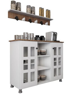 AGD Coffee Corner Cabinet, Kitchen Bakers, with Wooden Spice Rack and Cup Hanging, Perfect for Living Room, Kitchen, Office, White  - Image 3