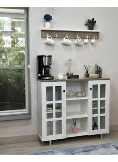 AGD Coffee Corner Cabinet, Kitchen Bakers, with Wooden Spice Rack and Cup Hanging, Perfect for Living Room, Kitchen, Office, White  - Image 4