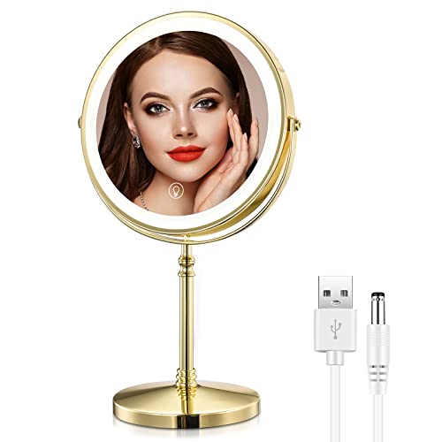 AMZTOLIFE Gold Makup Mirror with Lights 10X Magnifying Lighted Vanity Mirror 8 Inches 360 Swivel TwoSided Tabletop Mirror Gold Finish