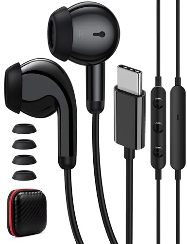 iMangoo Wired Headphones USB C for Apple iPhone 17 Air 16 Pro Max 15 Android,All Day Ready Corded Earphones with Noise Isolating Microphone for Gym Workout Home Office Travel Type C Earbuds Black - Image 1