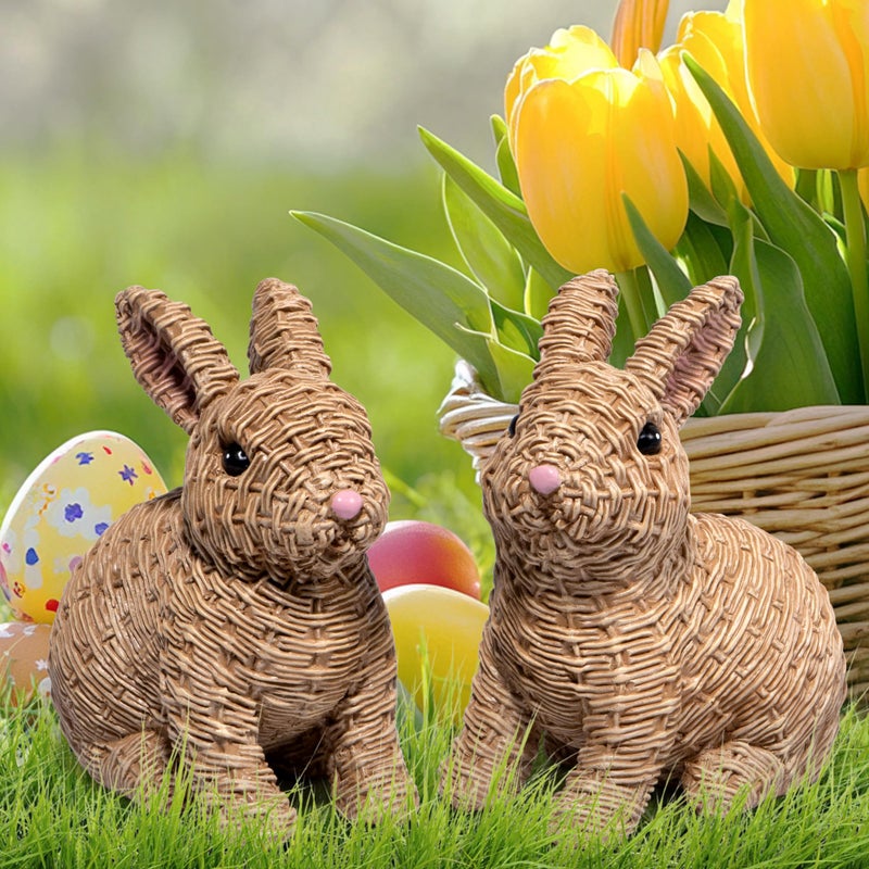 Hodao Set of 2 Woven Easter Bunny Figurines - 4.8" Tall White Rabbit Resin Sculptures with Handcrafted Wicker-Style Design for Easter and Spring Home DÃ©cor (Brown Set 2) - Image 2