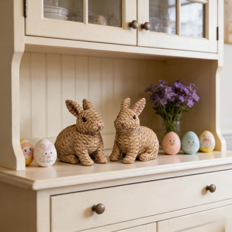 Hodao Set of 2 Woven Easter Bunny Figurines - 4.8" Tall White Rabbit Resin Sculptures with Handcrafted Wicker-Style Design for Easter and Spring Home DÃ©cor (Brown Set 2) - Image 4