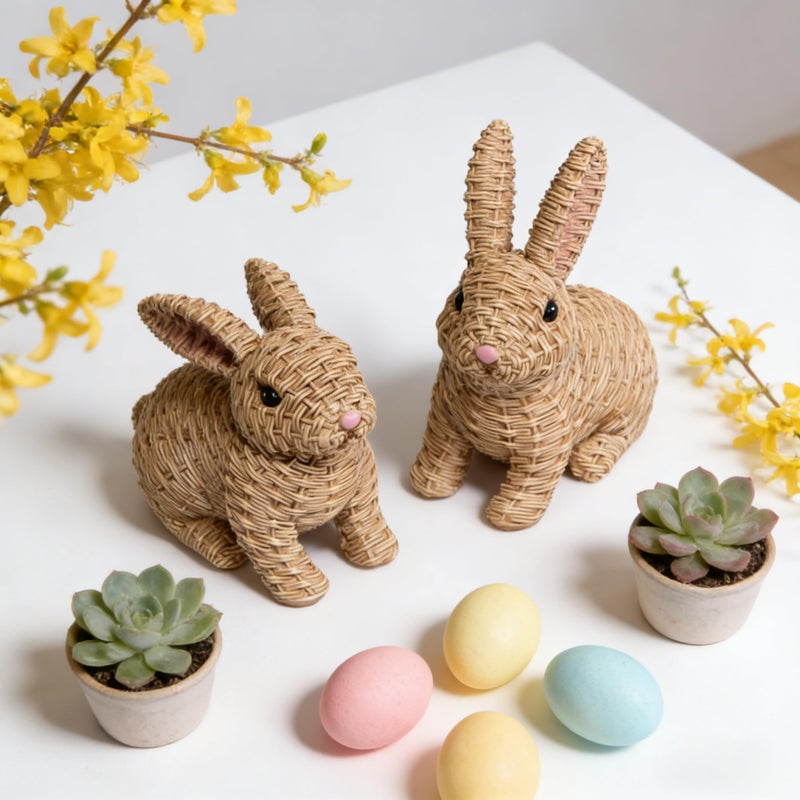 Hodao Set of 2 Woven Easter Bunny Figurines - 4.8" Tall White Rabbit Resin Sculptures with Handcrafted Wicker-Style Design for Easter and Spring Home DÃ©cor (Brown Set 2) - Image 3