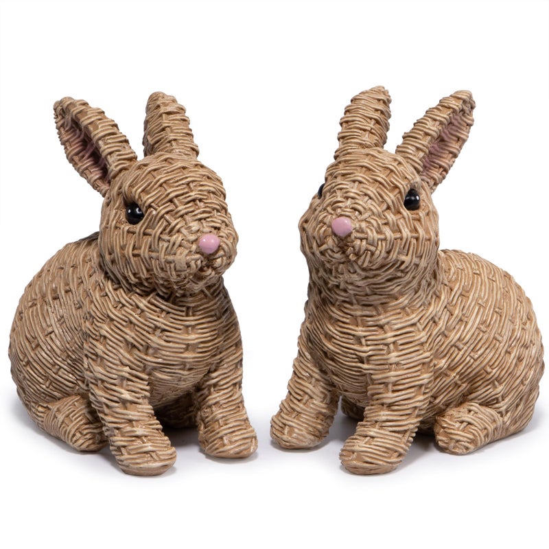 Hodao Set of 2 Woven Easter Bunny Figurines - 4.8" Tall White Rabbit Resin Sculptures with Handcrafted Wicker-Style Design for Easter and Spring Home DÃ©cor (Brown Set 2) - Image 1