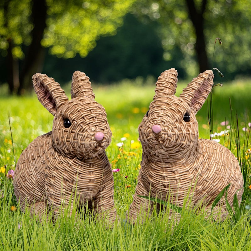 Hodao Set of 2 Woven Easter Bunny Figurines - 4.8" Tall White Rabbit Resin Sculptures with Handcrafted Wicker-Style Design for Easter and Spring Home DÃ©cor (Brown Set 2) - Image 5