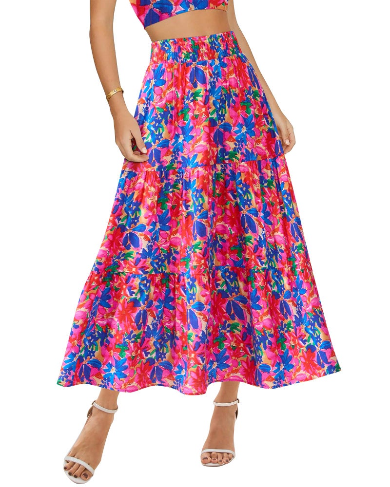 BTFBM Skirts for Women Summer 2026 Floral Print A Line Elastic High Waist Boho Maxi Skirt Spring Fashion Clothing Pocket(Floral Blue Pink, Medium) - Image 1