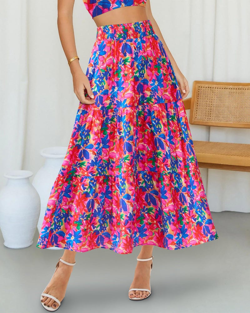 BTFBM Skirts for Women Summer 2026 Floral Print A Line Elastic High Waist Boho Maxi Skirt Spring Fashion Clothing Pocket(Floral Blue Pink, Medium) - Image 3