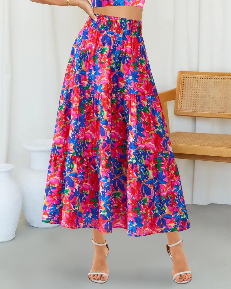 BTFBM Skirts for Women Summer 2026 Floral Print A Line Elastic High Waist Boho Maxi Skirt Spring Fashion Clothing Pocket(Floral Blue Pink, Medium) - Image 2
