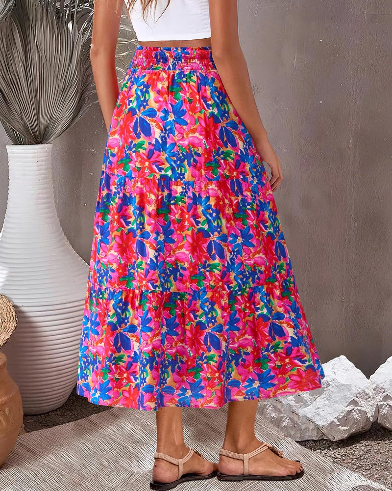 BTFBM Skirts for Women Summer 2026 Floral Print A Line Elastic High Waist Boho Maxi Skirt Spring Fashion Clothing Pocket(Floral Blue Pink, Medium) - Image 5