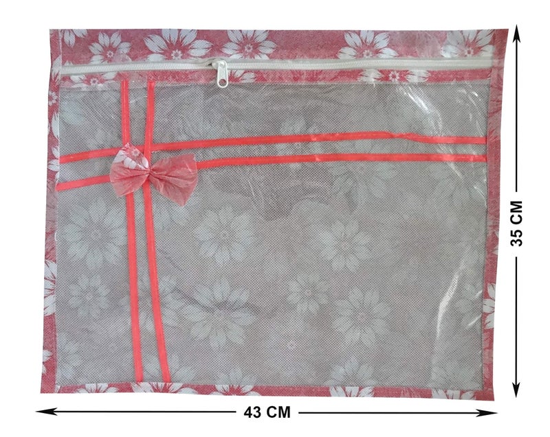 DIKHAWA Set of 20 Pcs Flower Design Non Woven Single Saree Cover Packing Bag with Zip Combo (Peach) - Image 2