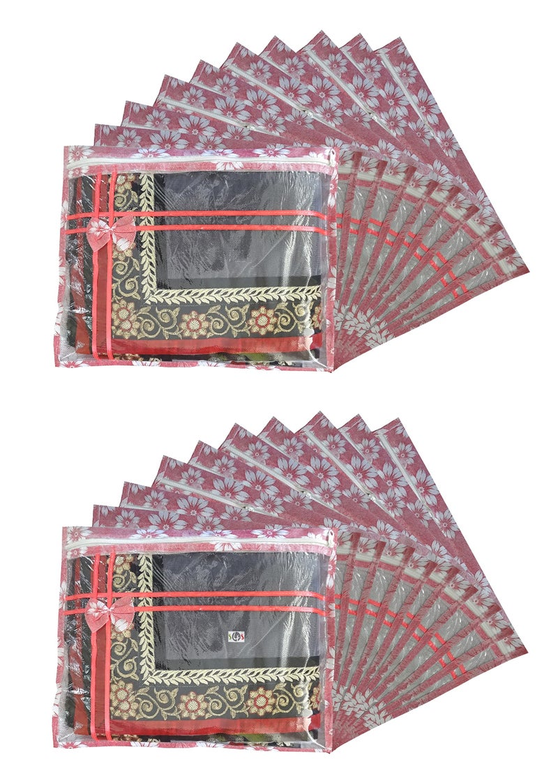 DIKHAWA Set of 20 Pcs Flower Design Non Woven Single Saree Cover Packing Bag with Zip Combo (Peach) - Image 5