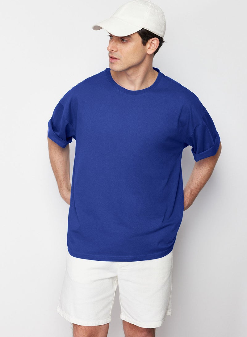 trendyol Blue Oversize T-Shirt 100% Cotton 3/4 Thick Basic Fashion - Image 3