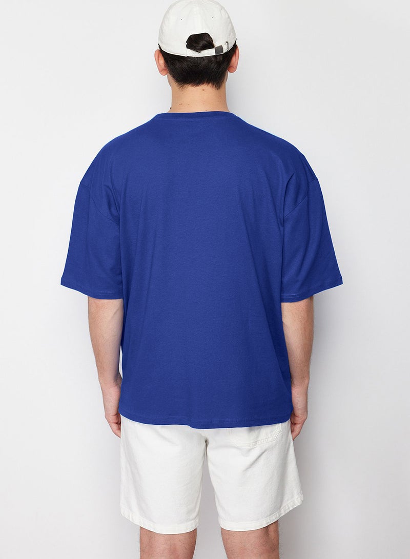 trendyol Blue Oversize T-Shirt 100% Cotton 3/4 Thick Basic Fashion - Image 2