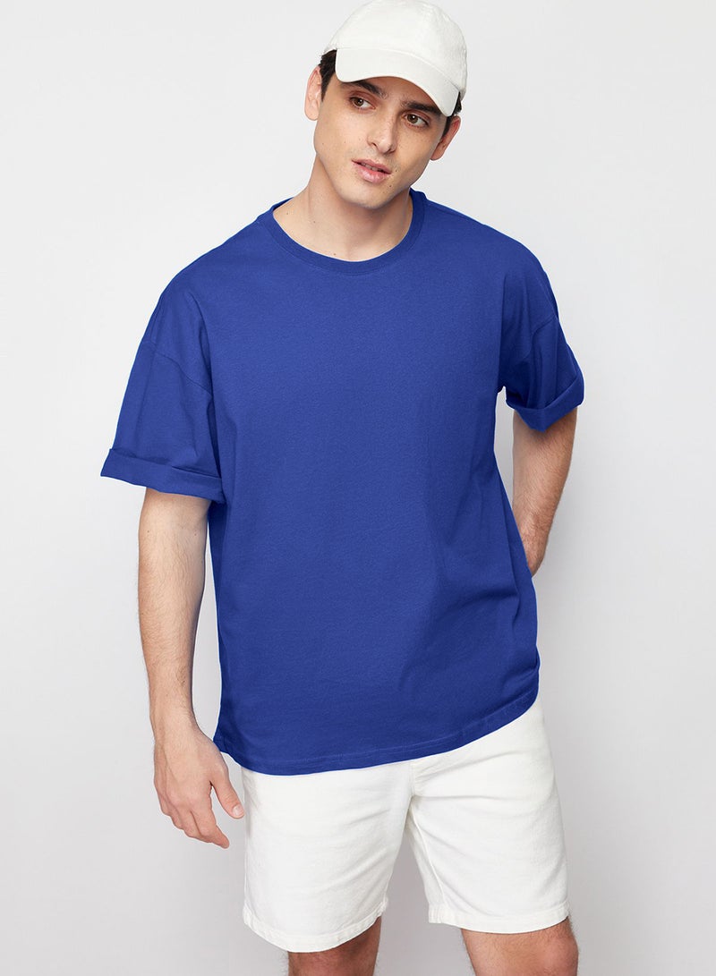 trendyol Blue Oversize T-Shirt 100% Cotton 3/4 Thick Basic Fashion - Image 1