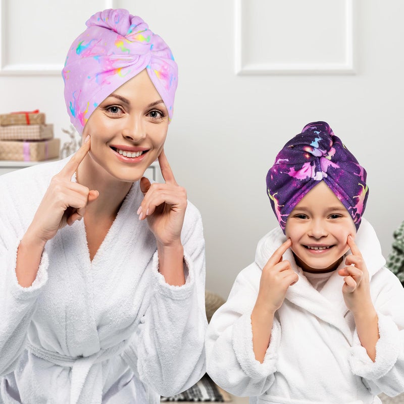 Basumee Microfiber Hair Towel Wrap for Kids 2 Pack Rapid Drying Hair Towel with Button Hair Turbans for Wet Hair Wraps Head Towel Wrap for Women and Girls  Dark Unicorn - Image 3