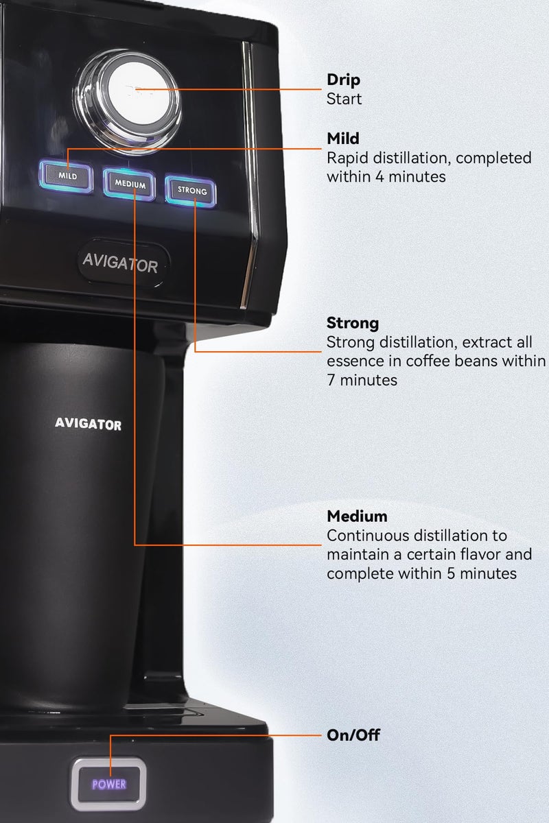 Avigator صانع قهوة فردي أفغيتور مع كوب قهوة سفر سعة 11 أونصة من الفولاذ المقاوم للصدأ، قابل لضبط قوة التحضير، فلتر دائم، أسود - Image 4