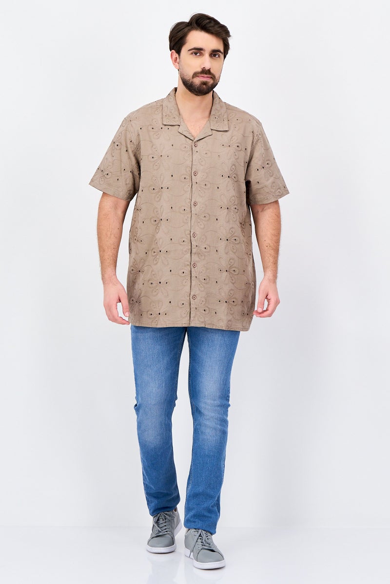 Threadbare Men Regular Fit Short Sleeve Eyelet Casual Shirt, Taupe - Image 4