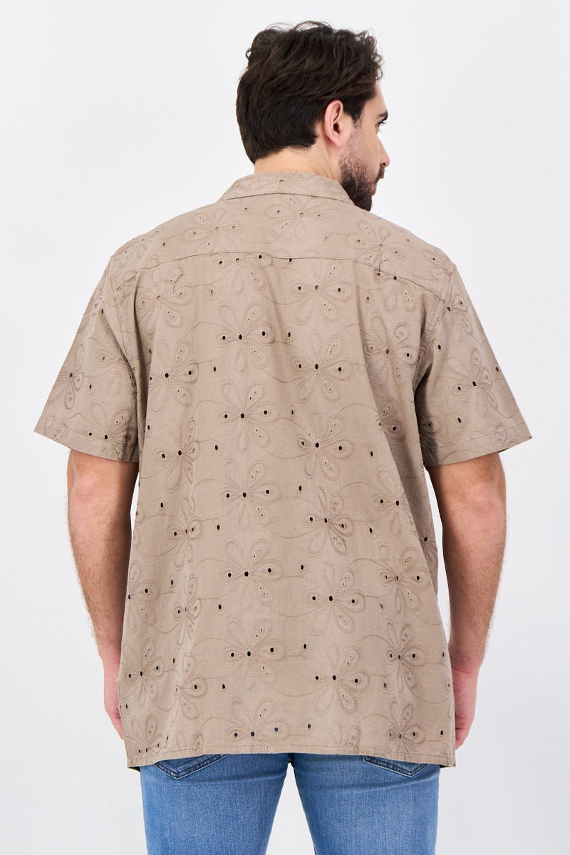 Threadbare Men Regular Fit Short Sleeve Eyelet Casual Shirt, Taupe - Image 3