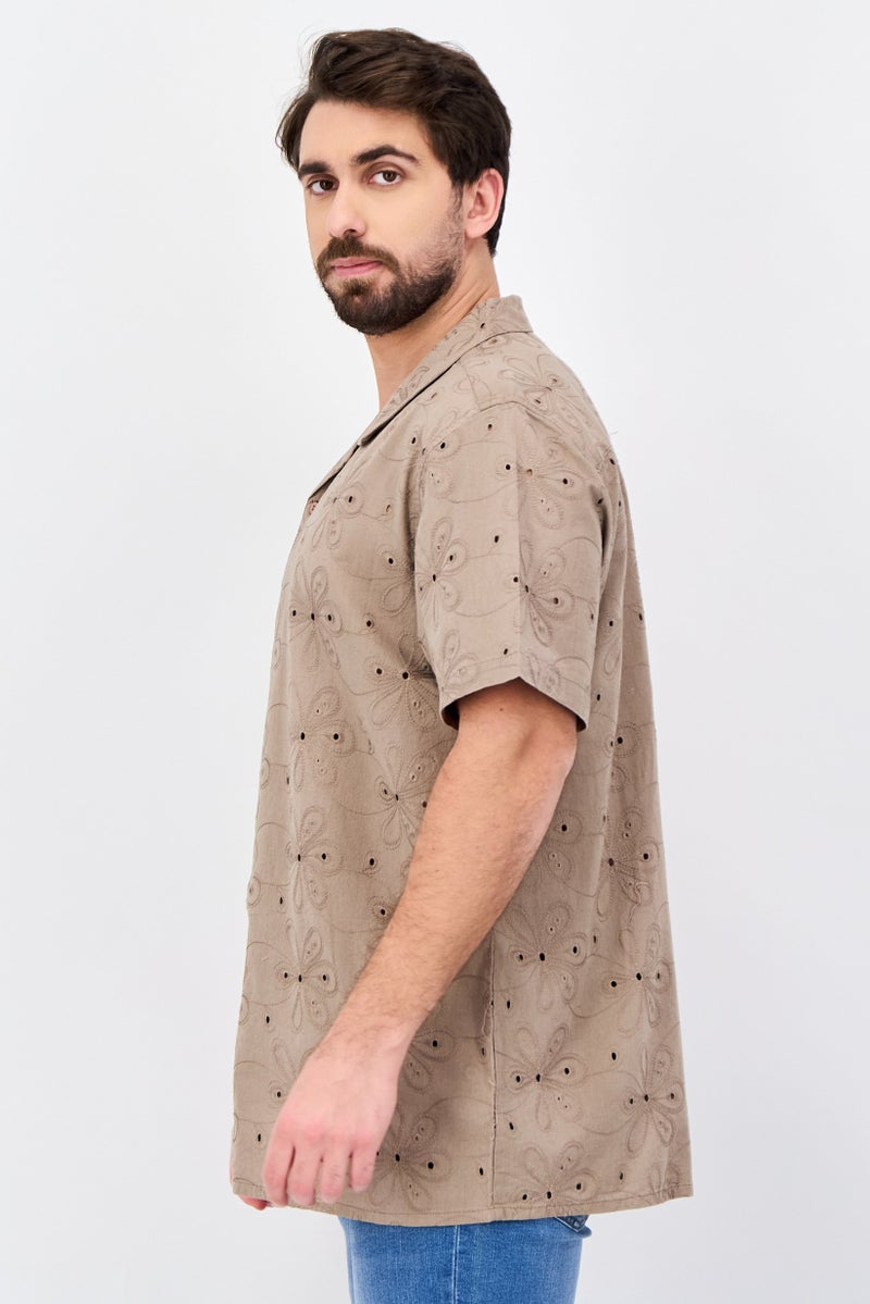 Threadbare Men Regular Fit Short Sleeve Eyelet Casual Shirt, Taupe - Image 2