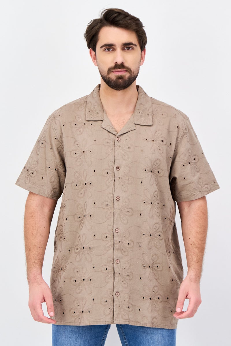 Threadbare Men Regular Fit Short Sleeve Eyelet Casual Shirt, Taupe - Image 1