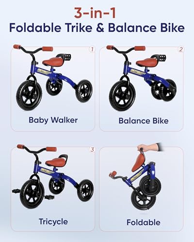 RIDYEE 3in1 Foldable Tricycle and Balance Bike for Toddlers 2 to 5 Years Tricycle for 2 Years with Adjustable Handlebar and Seat Tricycles for 35 Years with DIY Plate Blue - Image 5
