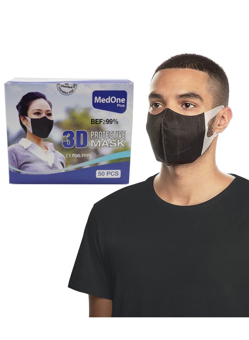 MedOne 50 Pieces Face Mask 3D Protective Adult Face Mask For Adult Unisex Black - Image 2