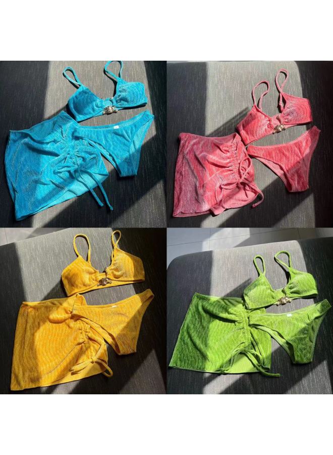 Loquat 2023 European And American Summer Fresh Ins Style Three-Piece Swimsuit Swimsuit Bikini Bikini Cross Border-Color:CHECOLATE- - Image 2