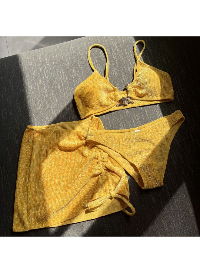 Loquat 2023 European And American Summer Fresh Ins Style Three-Piece Swimsuit Swimsuit Bikini Bikini Cross Border-Color:CHECOLATE- - Image 5