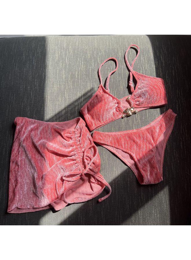 Loquat 2023 European And American Summer Fresh Ins Style Three-Piece Swimsuit Swimsuit Bikini Bikini Cross Border-Color:CHECOLATE- - Image 4