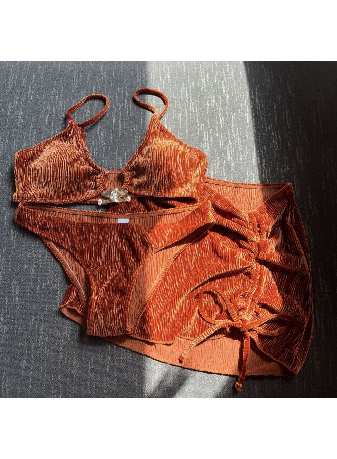 Loquat 2023 European And American Summer Fresh Ins Style Three-Piece Swimsuit Swimsuit Bikini Bikini Cross Border-Color:CHECOLATE- - Image 1