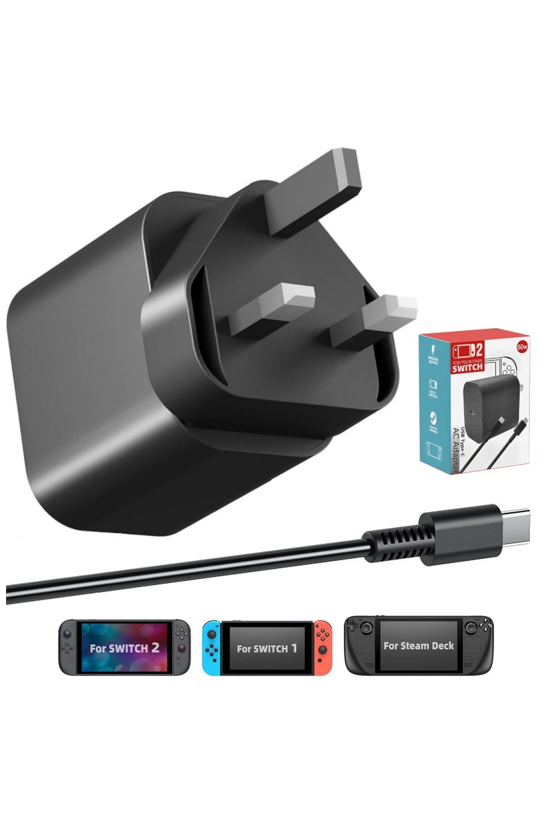 اكسيسن شاحن Switch 2، محول تيار متردد 60 واط لـ Nintendo 2 و Steam Deck، يدعم وضع TV Dock، مصدر طاقة 20 فولت/3 أمبير شحن سريع مع كابل USB C بطول 5 أقدام - Image 1