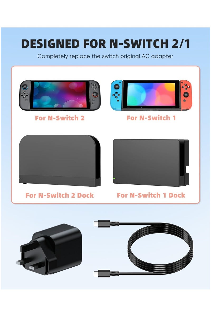 اكسيسن شاحن Switch 2، محول تيار متردد 60 واط لـ Nintendo 2 و Steam Deck، يدعم وضع TV Dock، مصدر طاقة 20 فولت/3 أمبير شحن سريع مع كابل USB C بطول 5 أقدام - Image 2