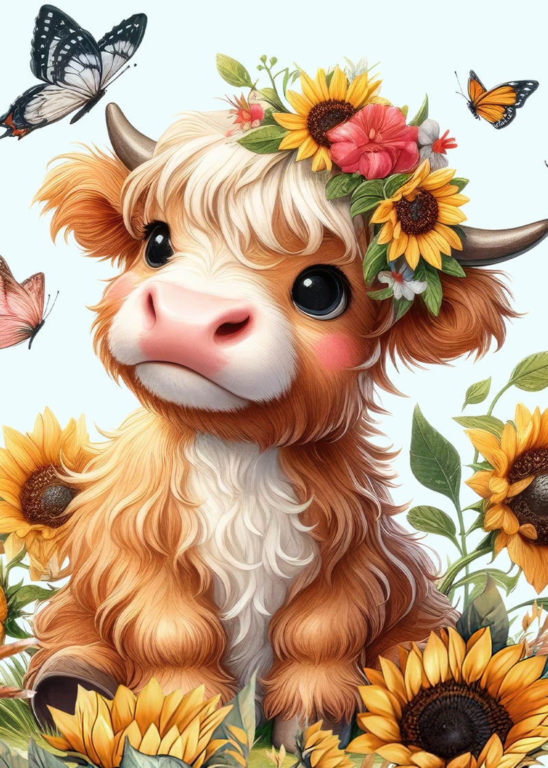 Yanfairy Highland Cow Diamond Art Kits for Adults, Round Full Drill Paint with Diamond Gem Art Crafts Kits, DIY Cow Sunflower 5D Diamond Painting Kits, Beginners Diamond Dots Wall Decor 12x16inch - Image 1