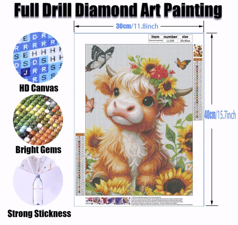Yanfairy Highland Cow Diamond Art Kits for Adults, Round Full Drill Paint with Diamond Gem Art Crafts Kits, DIY Cow Sunflower 5D Diamond Painting Kits, Beginners Diamond Dots Wall Decor 12x16inch - Image 4