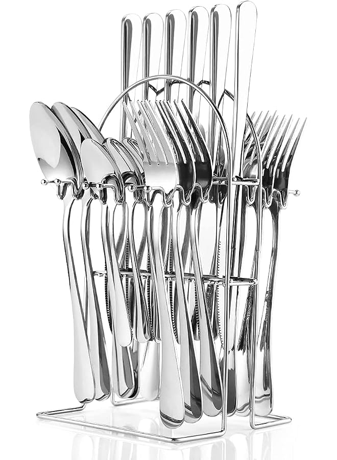 Silverware Set,Tableware,24 Piece Flatware Set With Stand,Stainless Steel Kitchen Utensils Set for 6,Mirror Polished Cutlery Set,Spoon and Fork Set Knife Silverware(Silver)