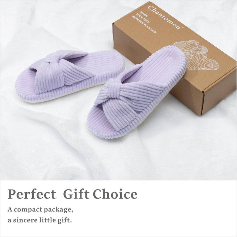 Chantomoo Slippers for Women Memory Foam House Bedroom Corduroy Bow Crossbands Slipper Shoes Comfy Trendy Gift Slippers Light Purple Size 9 10 8.5 - Image 5